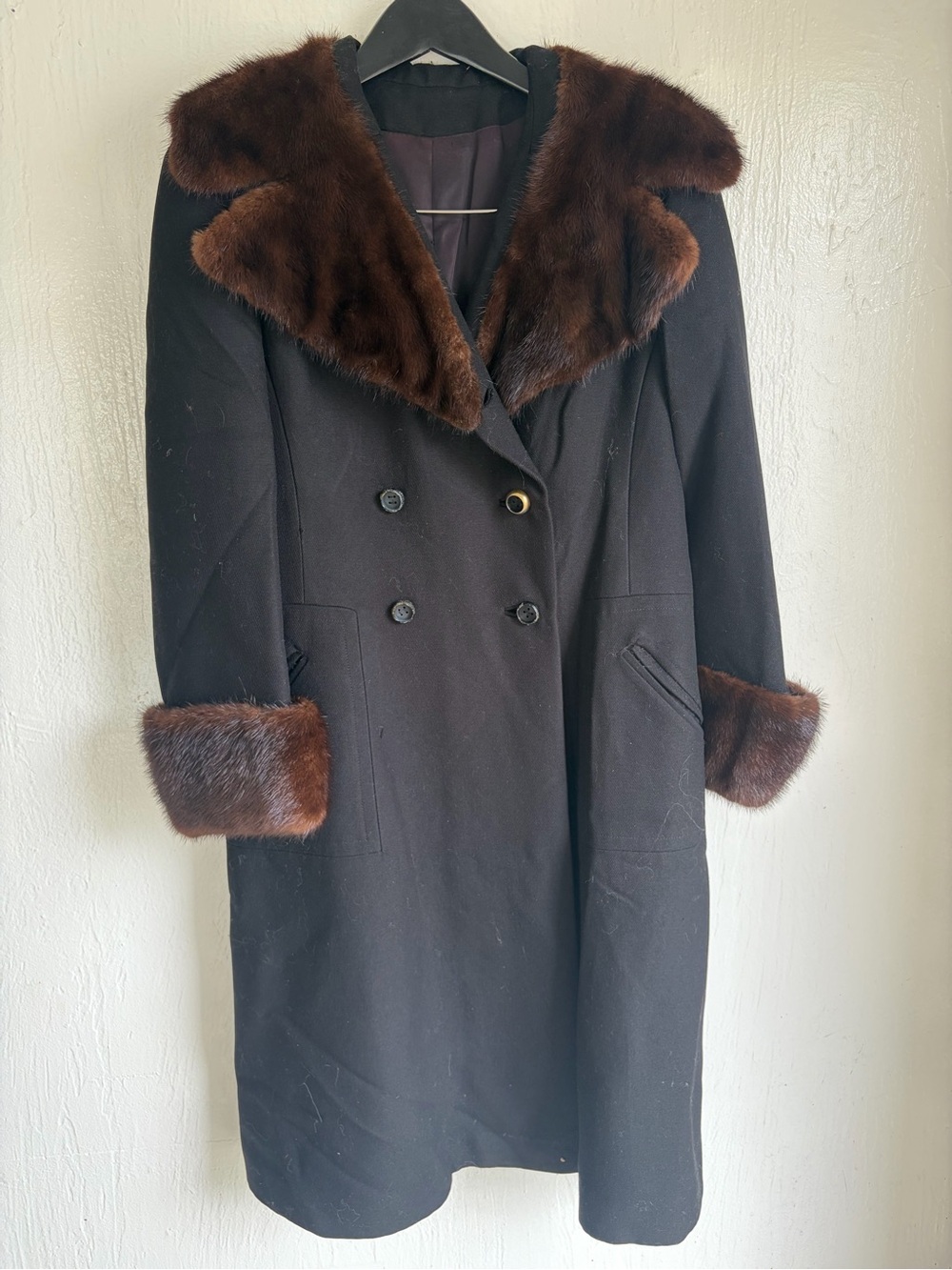 Black Trench Coat with Brown Fur Collar & Cuff Trim
